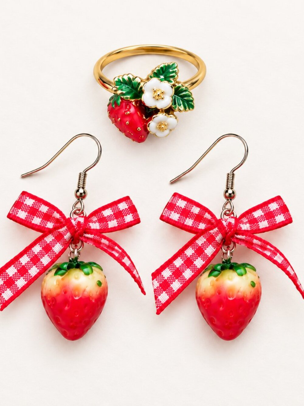 Strawberry Bow Earrings & Floral Strawberry Ring Set